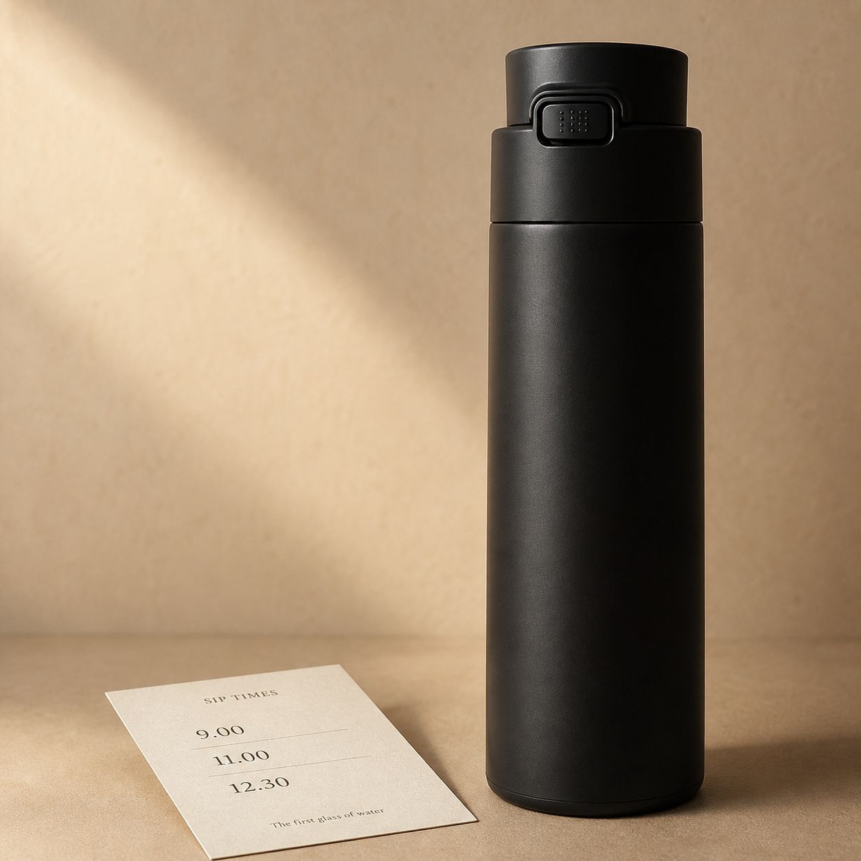 Zevo bottle beside a printed sip-time card on warm beige surface